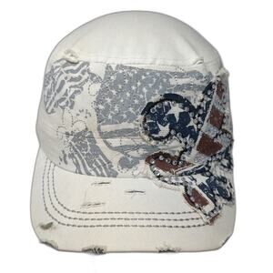 Leader LOGA Army Cap White Blue Red One Size Rhinestone Butterfly USA Flag Hat